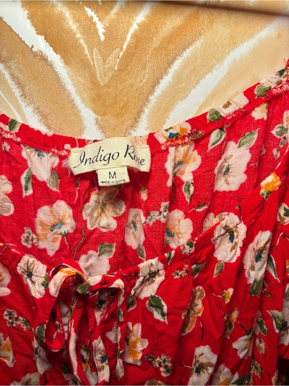 Red Floral Midi Dress Puff Sleeve Scoop Neck Fit Flare Cottagecore Boho Romantic - Picture 3 of 12